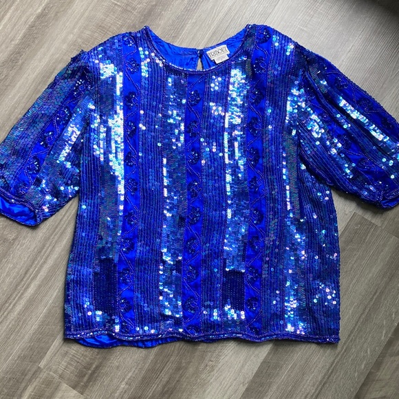 Vintage Tops - Vintage 80s 90s Tribout Silk Sequin Beaded Royal Blue Glam Event Party Top sz L